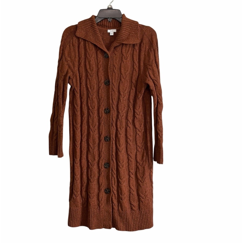 J Jill Brown Cable Knit Button Front Long Duster Cardigan Sweater Size Small
